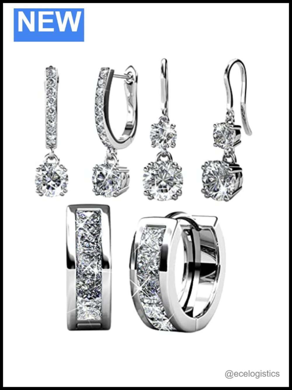 18K White Gold Hoop Earrings with Crystals 3 Pair Bundle Set